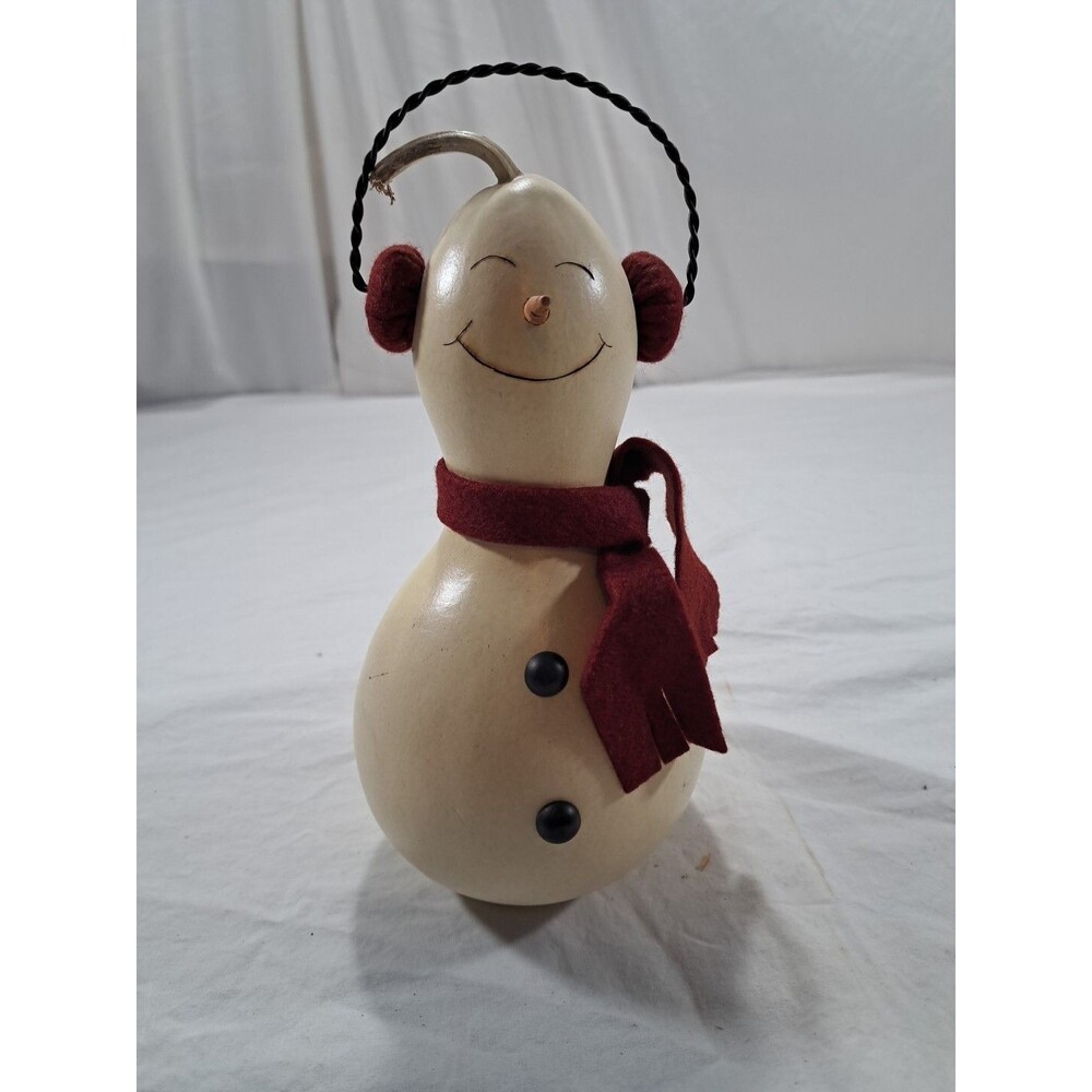 Handmade Painted Snowman Gourd Winter Decor Cottagecore Squash Earmuffs CUTE